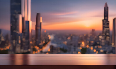 Smooth face table top on blurred city with sunset view background