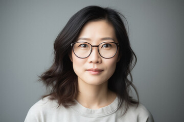 Obraz premium Portrait of a beautiful mature asian woman wearing glasses on gray background.