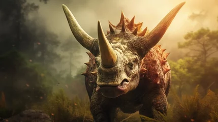 Foto op Canvas Portrait of Triceratops against ancient forest background with space for text, AI generated, background image © Hifzhan Graphics