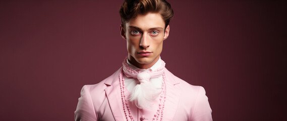 A handsome male ballet dancer with blue eyes, dressed in pink attire 