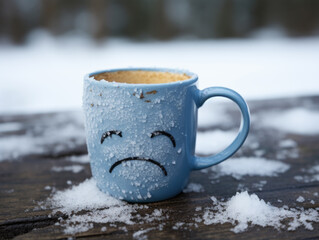 Blue Monday concept. Blue mug with a sad face, snowflakes on it. 