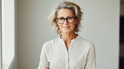 Portrait of mature businesswoman wearing eyeglasses looking at camera. - obrazy, fototapety, plakaty
