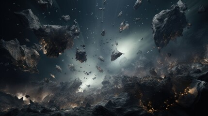 Fototapeta na wymiar An asteroid field tumbling in the vacuum of space AI generated illustration