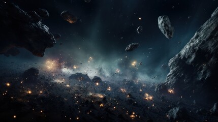 An asteroid field tumbling in the vacuum of space  AI generated illustration