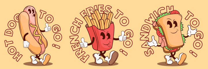 cartoon character for food street , hot dog, sandwich and French fries, retro groovy style,  cute dog food cartoon character vector illustration