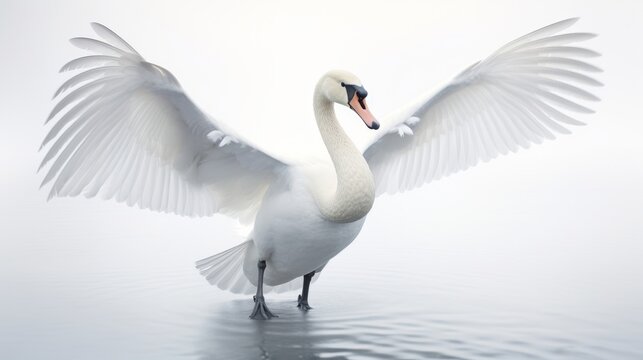 An elegant portrayal of a swan gracefully flying mid-air against a flawless white backdrop  AI generated illustration