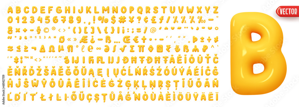 Aufkleber Multilingual font complete with all symbols and signs and numbers. Font realistic 3d design plastic cartoon style, yellow colors. Language support French, German. Vector illustration