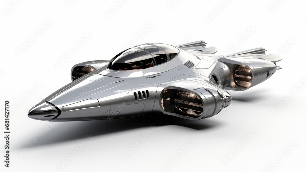 Wall mural an ultramodern spaceship in a sleek silver design hovering isolated on a white background ai generat