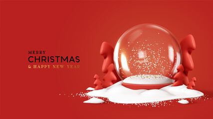 Christmas glass snow globe empty stands on the snow with fir trees. Red background with realistic 3d transparent snow ball. Xmas platform podium. Holiday banner and poster. vector illustration - obrazy, fototapety, plakaty