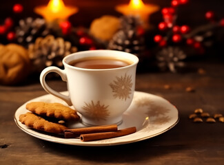 hot cup of coffee with cinnamon sticks and charismas cookies, Coffee beans, Christmas vibes