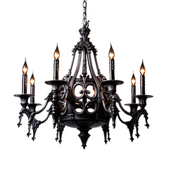 Fototapeta na wymiar Front view Gothic Black Iron chandelier isolated on a white transparent background