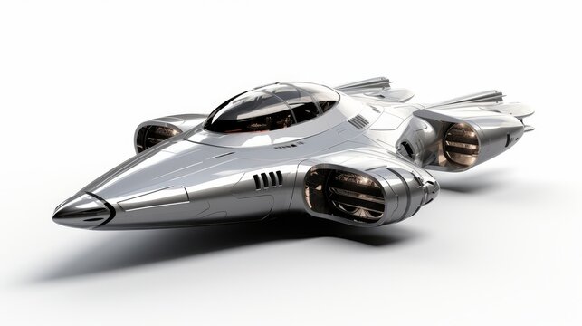 An ultramodern spaceship in a sleek silver design hovering isolated on a white background  AI generated illustration