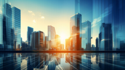 Picture of modern skyscrapers of a smart city, futuristic financial district with buildings and reflections , blue color background for corporate and business template with warm sun rays of light - obrazy, fototapety, plakaty