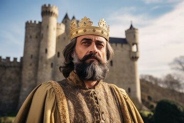 Portrait of a man dressed like Charlemagne the former french king and emperor with French medieval castle in background - obrazy, fototapety, plakaty
