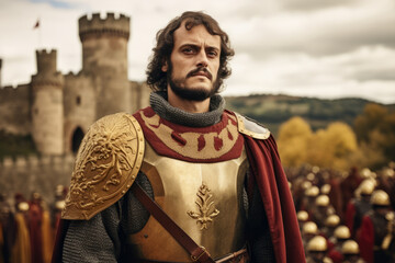 Portrait of a man dressed like Charlemagne the former french king and emperor with French medieval castle in background