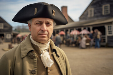 Portrait of a man dressed like George Washington the first US president with American town in background