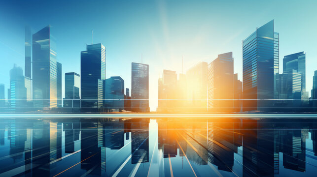 Picture of modern skyscrapers of a smart city, futuristic financial district with buildings and reflections , blue color background for corporate and business template with warm sun rays of light