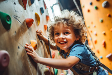 Cute little boy climbing an indoor rock climbing wall with safety gear on, boy learning how to climb while smiling and having fun - obrazy, fototapety, plakaty