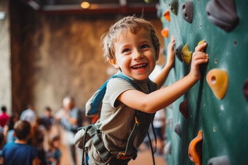 Cute little boy climbing an indoor rock climbing wall with safety gear on, boy learning how to climb while smiling and having fun - obrazy, fototapety, plakaty