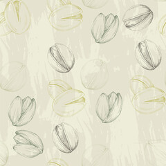 Seamless pattern with pistachio nuts. Hand-drawn colored vector illustration for printing.