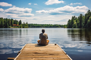 Man fishing on wooden dock alone surrounded by beautiful lake and blue sky with white clouds in Ontario Canada, relaxing fishing in nature - obrazy, fototapety, plakaty