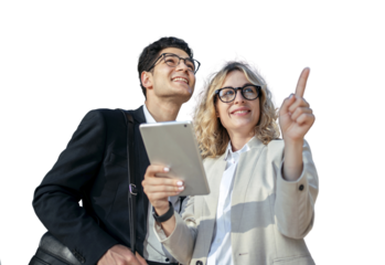 Business successful positive managers use the tablet, a man and a woman stand together, office employees. Finance colleagues work in a team, project partners. Transparent background.