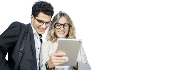 Business successful positive managers use the tablet, a man and a woman stand together, office employees. Finance colleagues work in a team, project partners. Transparent background.