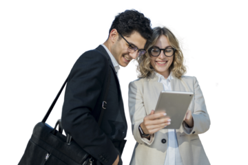 Business successful positive managers use a tablet, a man and a woman stand together, office employees. Finance colleagues work in a team, project partners.