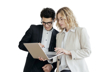 They use a laptop, business successful positive managers, a man and a woman stand together, office employees. Colleagues work in a team, project partners.