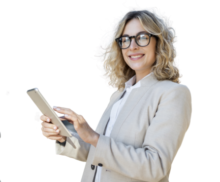A female project marketer uses a tablet in a jacket in the office. The psychologist looks into the camera with glasses and smiles for the positive feedback.