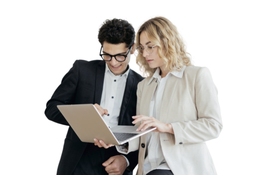 They use a laptop, business successful positive managers, a man and a woman stand together, office employees. Colleagues work in a team, project partners.