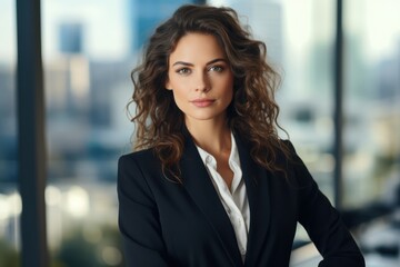 Naklejka premium Successful businesswoman standing in front of the corporation. Business concept