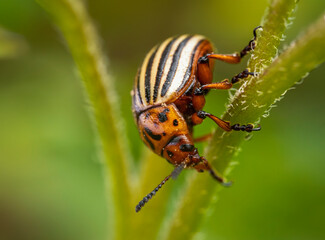Colorado potato beetle on potato sprouts close-up