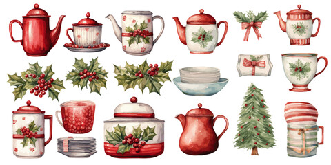 christmas tableware set watercolor vectors