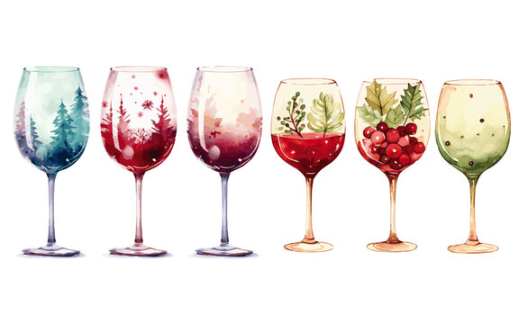 set of wine glasses with christmas decoration vectors