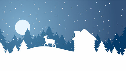 Fototapeta na wymiar Winter season silhouette landscape vector illustration. Scenery of reindeer silhouette in the snow hill. Cold season panorama for illustration, background or wallpaper
