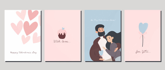 A set of postcards for Valentine's Day. Couple in love on ice skates and various festive elements. Save the date