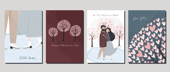 A set of postcards for Valentine's Day. Couple in love on ice skates and various festive elements. Save the date