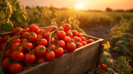 Cherry tomatoes harvested in a wooden box with field and sunset in the background. Natural organic fruit abundance. Agriculture, healthy and natural food concept. Horizontal composition. - obrazy, fototapety, plakaty