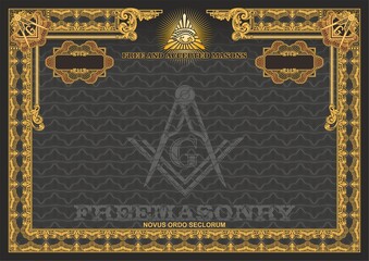 Horizontal blank with Masonic symbols for creating certificates, diplomas, bills and other securities. Classic design with gold elements on a black background.
