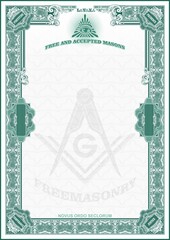 Vertical form with Masonic symbols for creating certificates, diplomas, bills and other securities. Classic design in green tones. A4 format.