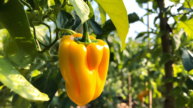 Yellow bell pepper Hanging on the tree In the organic