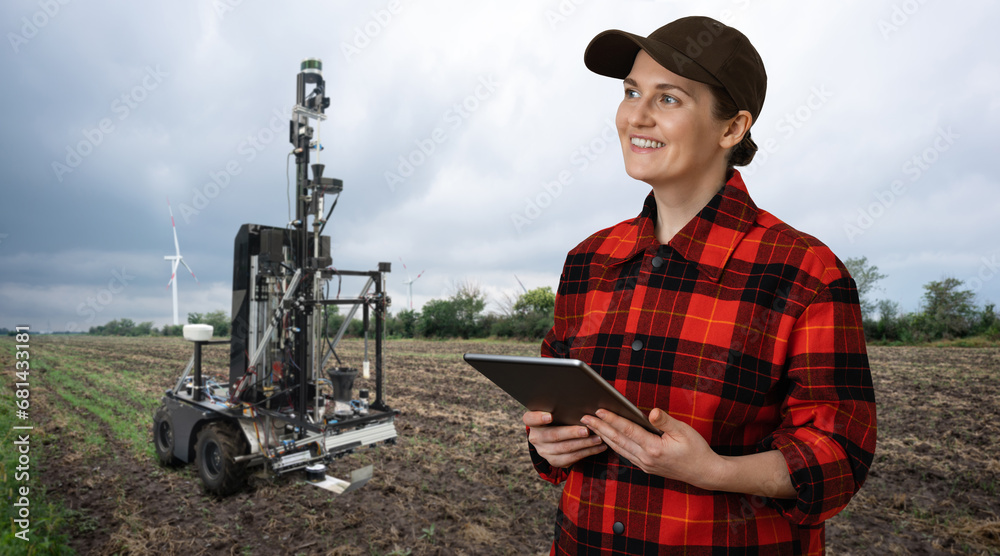 Aufkleber autonomous robot for measuring soil quality in an agricultural field. wind turbine on a horizon. sma