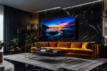 luxurious design of the living room with a multicolored sofa and a tv unit on a black marble