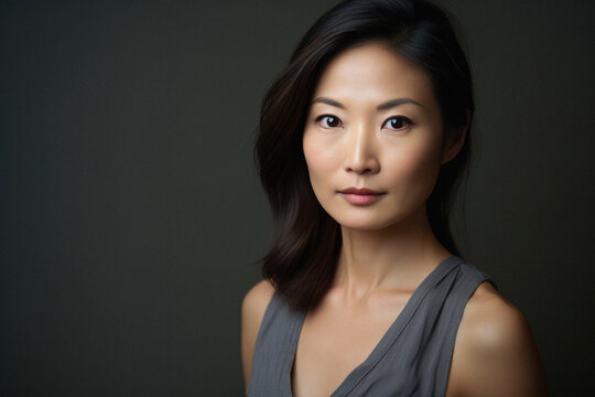 Portrait of a beautiful asian woman looking at the camera on gray background.