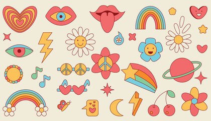 Groovy Funny Cartoon Flower, Rainbow, Sign of Peace, Eye, Lips, Love, Heart, Daisy. Sticker pack in trendy retro style. Hippie 70s Set Vector illustration. . 