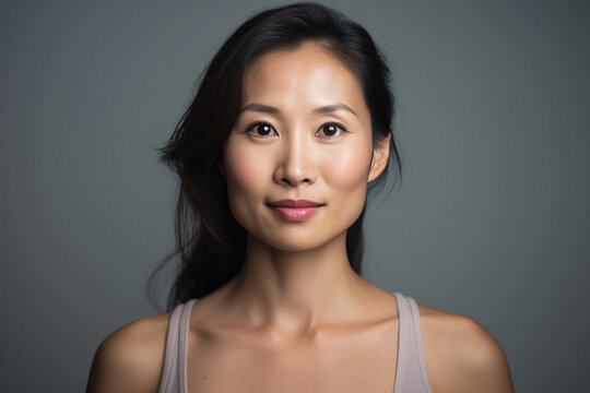 Portrait of beautiful asian mature woman with clean fresh skin on grey background.