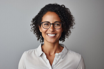 Portrait of smiling young african american businesswoman in eyeglasses.