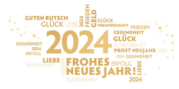 Neujahrsgrüße 2024 - goldene Schrift auf weißem Hintergrund - deutsch