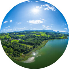 Ausblick auf die Rgion CHiemgau am Simssee bei Pietzing, Little Planet-Ansicht, freigestellt